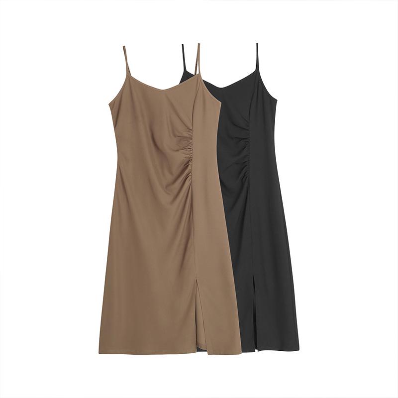 2024 Plus Size Women's Pleated Slit Midi Slip Dress