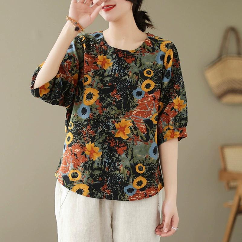

Women Long Sleeve Blouse Autumn Retro Floral Print Shirts Vintage Office Lady Cotton Chemise Holiday Round Neck Tops S зелёный