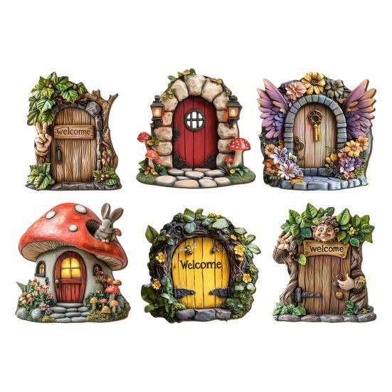 6 Pcs Fairy Door for Trees Outdoor  Wooden Miniature Fairy Garden Gate Yard Art Sculpture for Gnome House Accessories