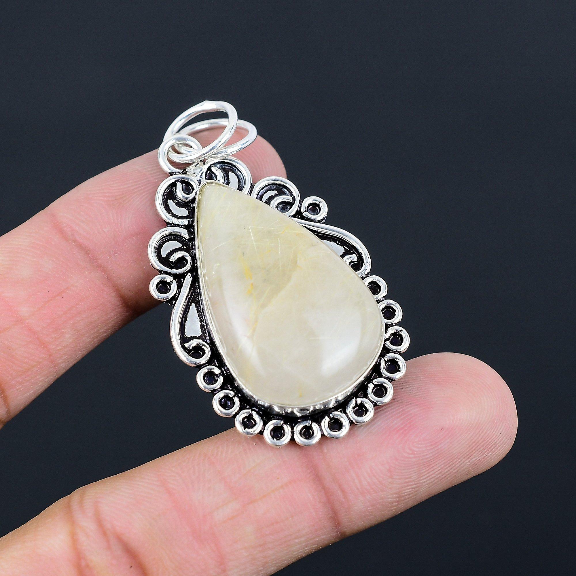 Daughters Day Deal Sterling Silver Pear Golden Rutile Gemstone Elegant Pendant