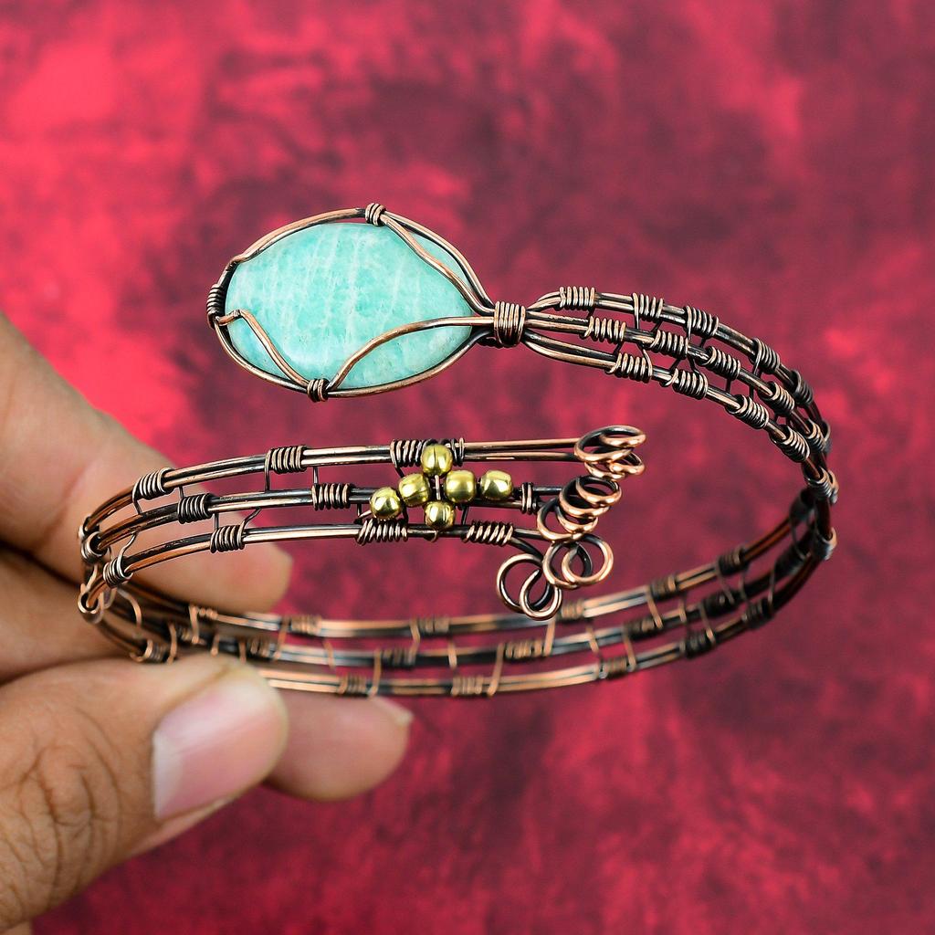 Amazonite Gemstone Cuff Bracelet Copper Wire Wrapped Bangle Handmade Copper Jewelry Adjustable Cuff Unique Bangle Wire Wrap Jewelry For Gift