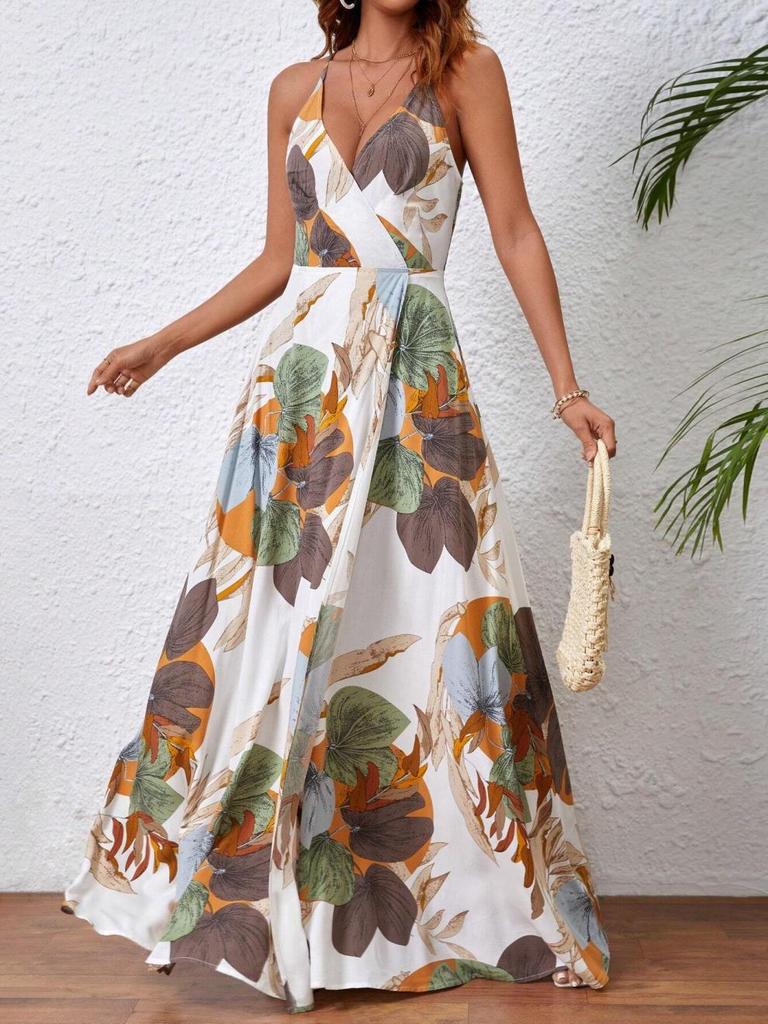 Tropical Print High Slit Strap Dress - European & American Style