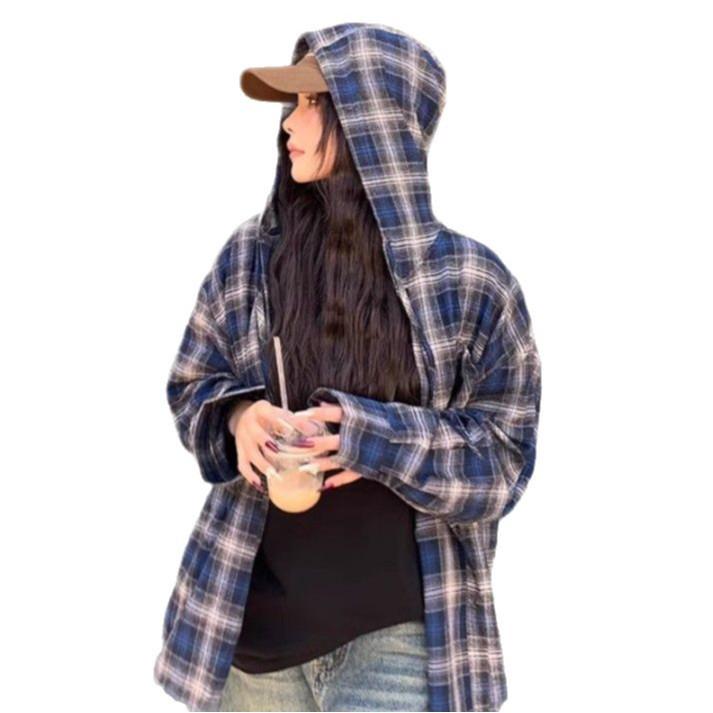 Women's 2025 Autumn/Winter Plaid Shirt - Korean Style, Loose Fit, Long Sleeve, Retro Casual, Plus Size for Couples