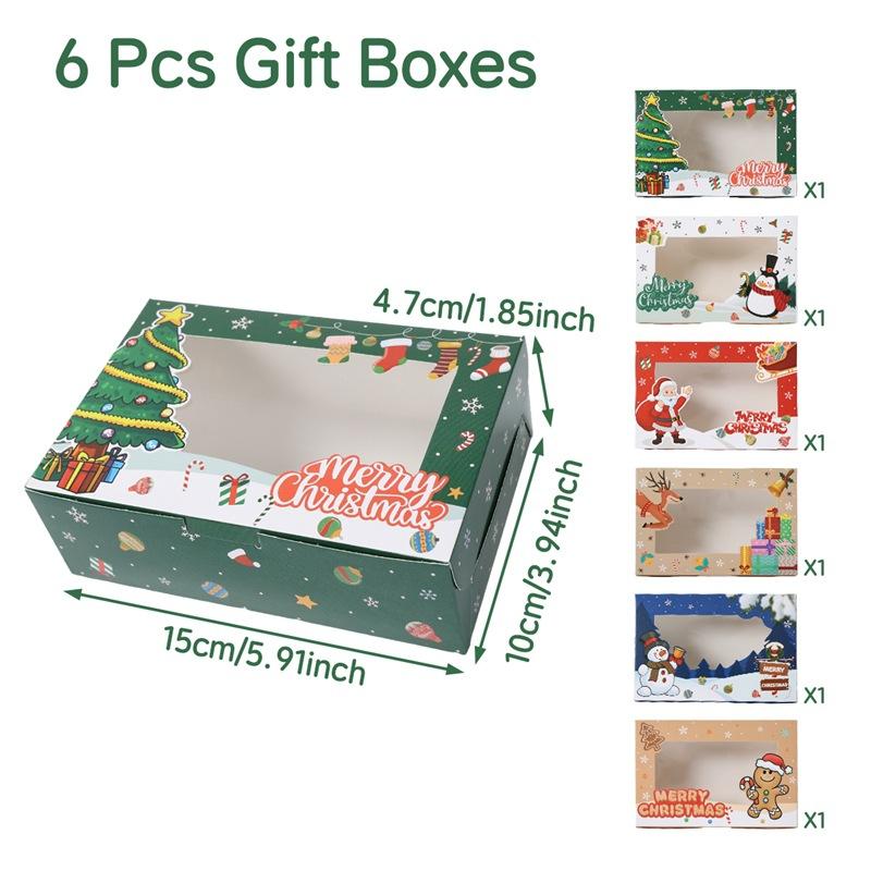 

6pcs Christmas Gift Boxes with Santa, Reindeer & Snowman Designs Mixed Style Paper Boxes with Clear Window,Winter Party Supplies
