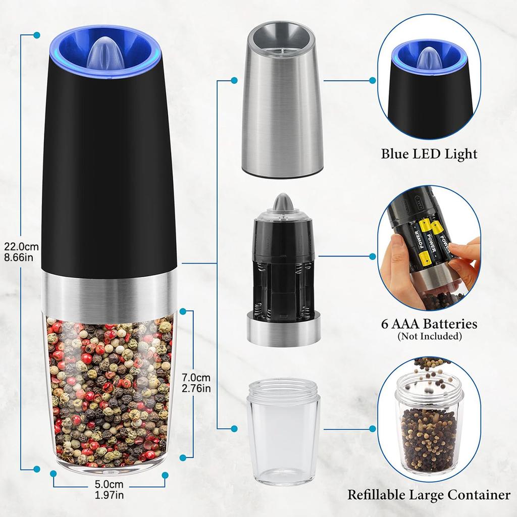 Gravity Electric Salt and Pepper Grinder Set Battery Powered Adjustable Coarseness Mill Grinders Shakers for Kitchen Tools