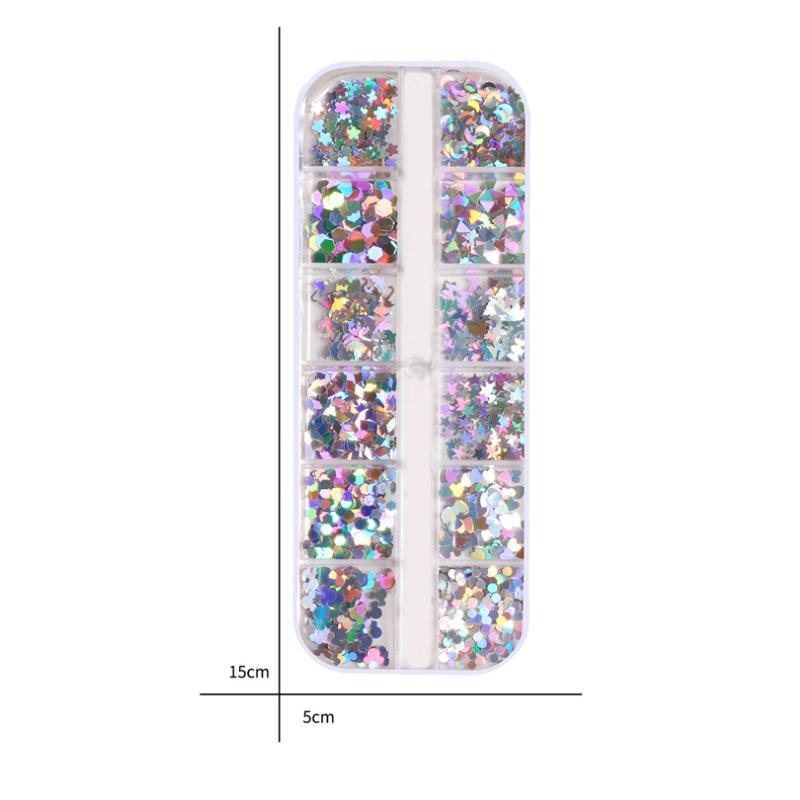 12 Grids/box Holographic Laser Mixed Design Nail Sequin Nail Flake Nail Slice Nail Decoration Flower Round Star Moon Heart