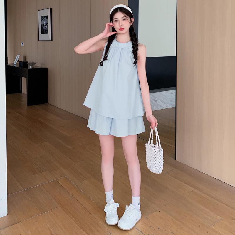 Francuski Uroczy Ciążowy Zestaw Babydoll Bez Rękawów Top i Szorty - Lato 2024