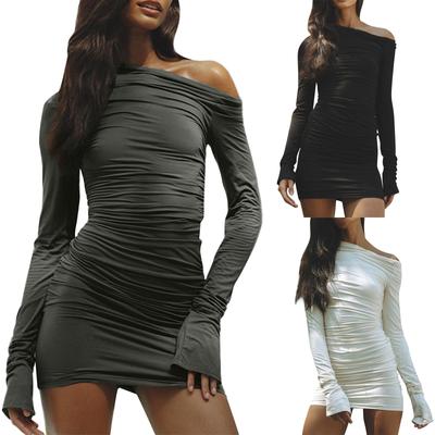 Moda damska Casual jednokolorowa seksowna plisowana sukienka biodrowa z długimi rękawami i okrągłym dekoltem