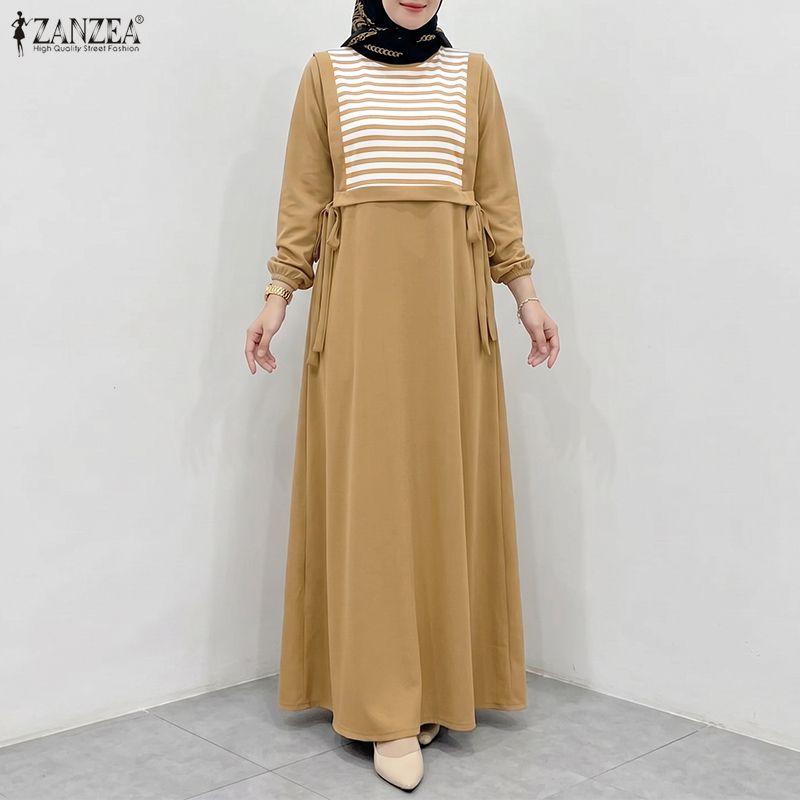 ZANZEA Robe longue décontractée pour femme à col rond, manches longues, coupe ample, patchwork à rayures