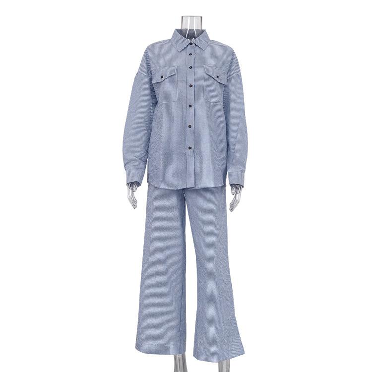 Avslappnat mörkblått mönstrat set för kvinnor, elegant långärmad skjorta med knappar, raka byxor med låg midja