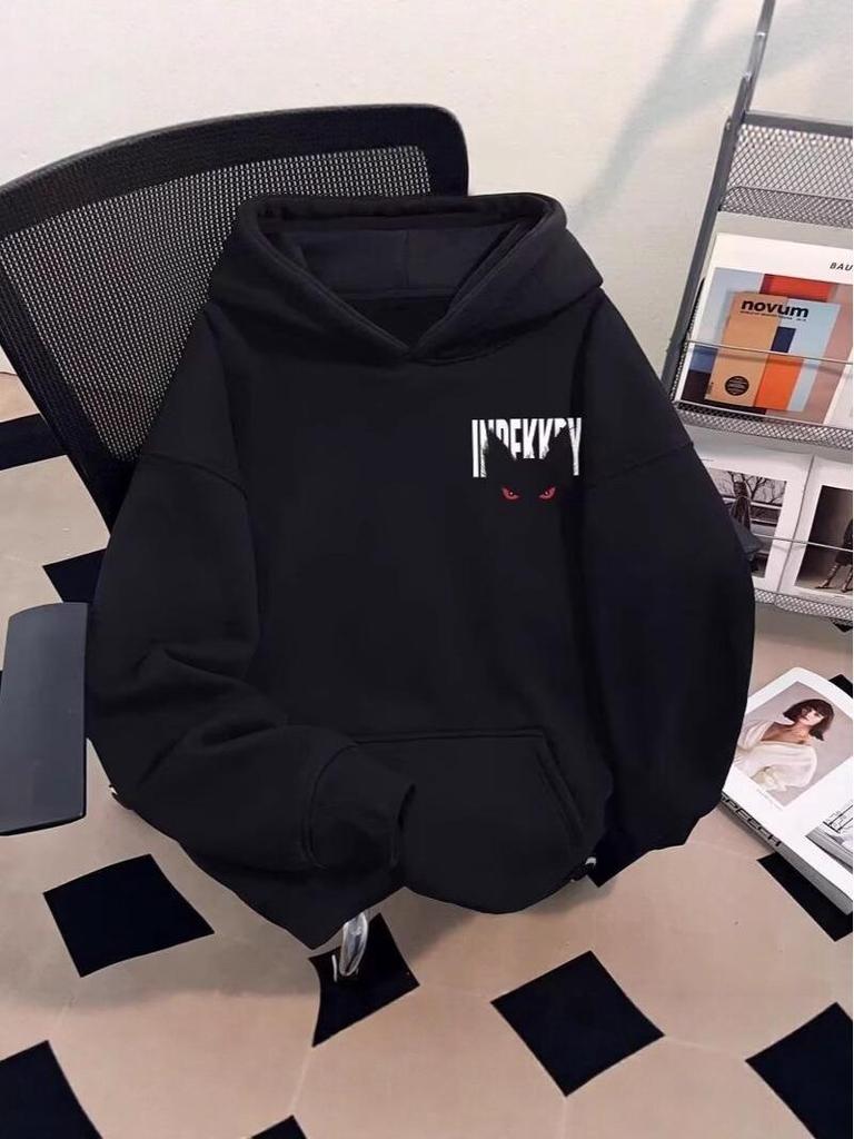 Plush-Lined Hooded Sweatshirt: Trendy Print Loose-Fit Men's Jacket for Autumn/Winter