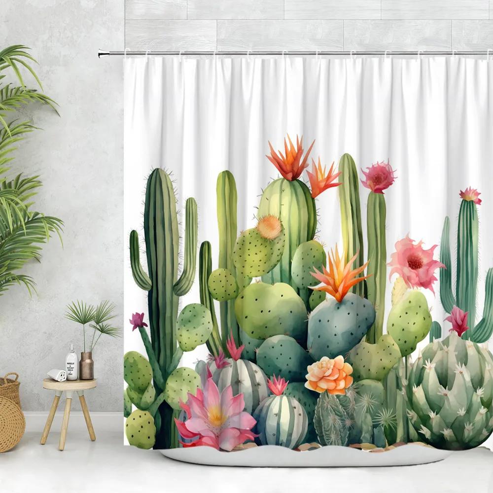 Cactus Shower Curtain, Tropical Plant Flower Desert Greenery Greenery Watercolor Succulent Farm Polyester Fabric Bathroom Deco