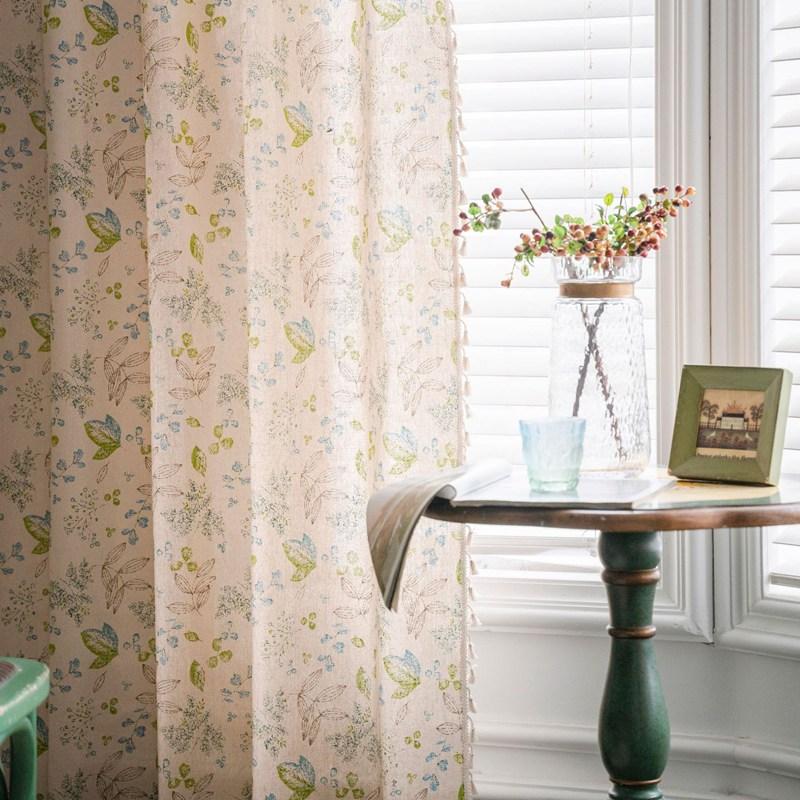 

Cotton Linen Green Leaves Printing With Tassel Window Curtain Semi-shading Drapes for Living Room Bedroom Kitchen Door Drapes W150 x H60cm&Threading Rod