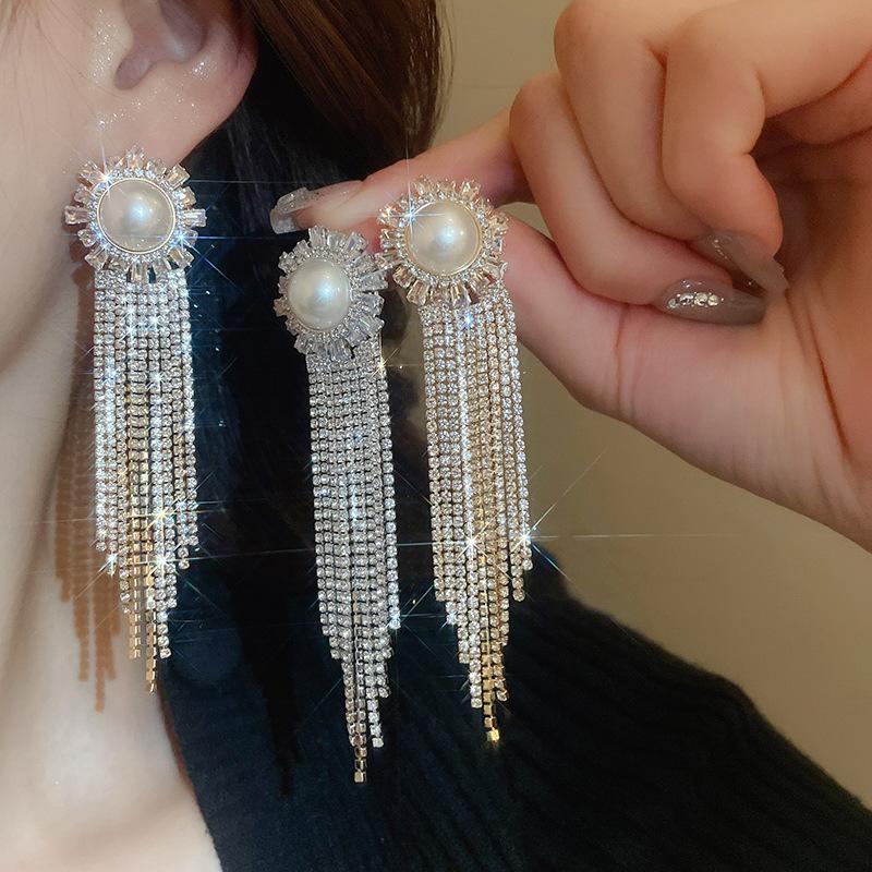 

Round pearl zircon fringed earrings personalized exaggerated long earrings women s light luxury high-end earrings