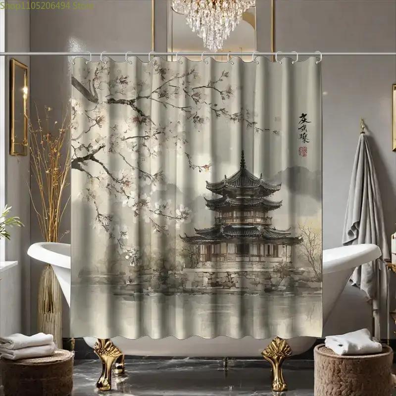 1pc of Bathroom Shower Curtain, Cherry Blossom Season Outdoor Sketch, Ink Wash Painting Festival Shower Curtain, Includes 12 H
