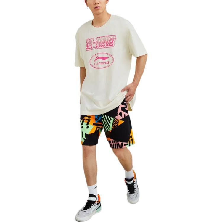 Li Ning T Shirts Unisex Ecru Crew Neck Moderate Straight Fit AHSS175-1