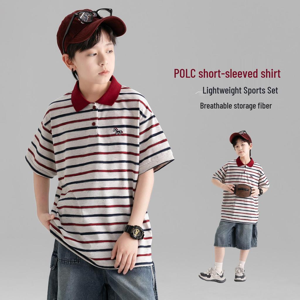 Boys' Striped Short-Sleeve Polo Shirt - Casual, Trendy Korean Style for Middle and Older Children