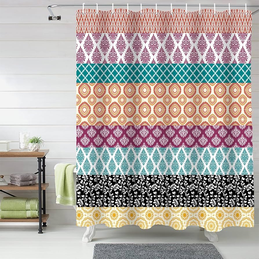 Golden Baroque Symmetrical Shower Curtain, Paisley Bohemian Tribal Ethnic Damask Ornament Luxury Design Bathroom Shower Curtain
