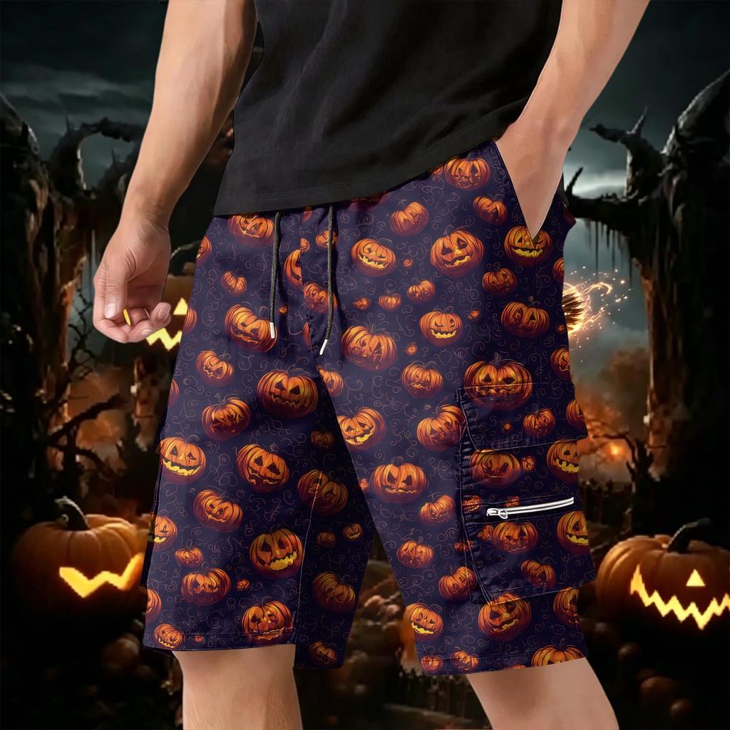 Men's Halloween Cargo Shorts with Multiple Pockets, Drawstring Waist, Casual Work Shorts for Costume Party, Summer Outdoors, Beach, Hiking, Daily Wear