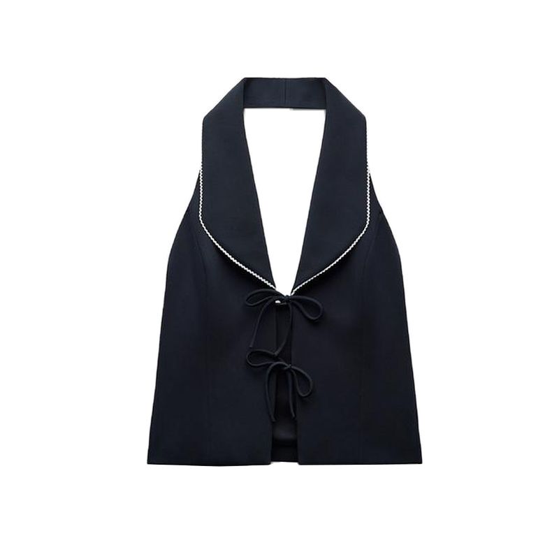 

25 Spring New Women s Clothing American V-Shaped Neckline Bowknot Decoration Patchwork Hanging Collar Tops 2119550 Deep sea blue L