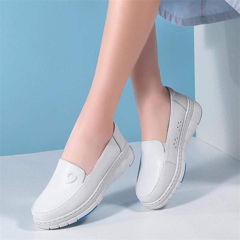 Fashion Women Genuine Leather Flat Nurse Shoes Casual White Wedge Fashion Slip on Non-slip Loafers Women Comfort Hollow Out Work Shoes