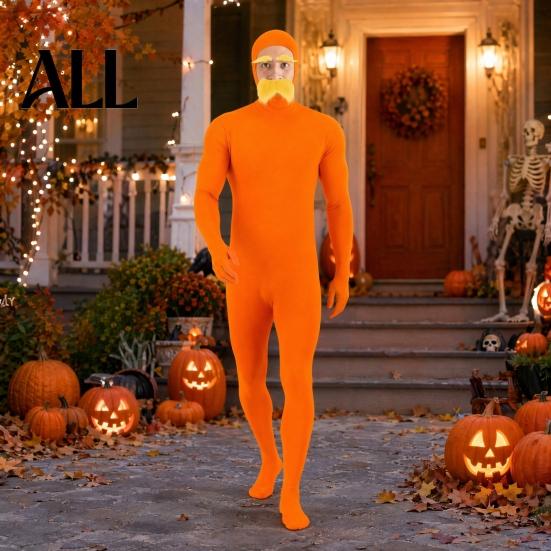 Lustiges Familienkostüm Gesicht Offen Halloween Kostüm, Unisex Ganzkörper Oranger Body mit Bart Langlebiger Cosplay Anzug Augenbrauen für Männer Frauen, Erwachsener