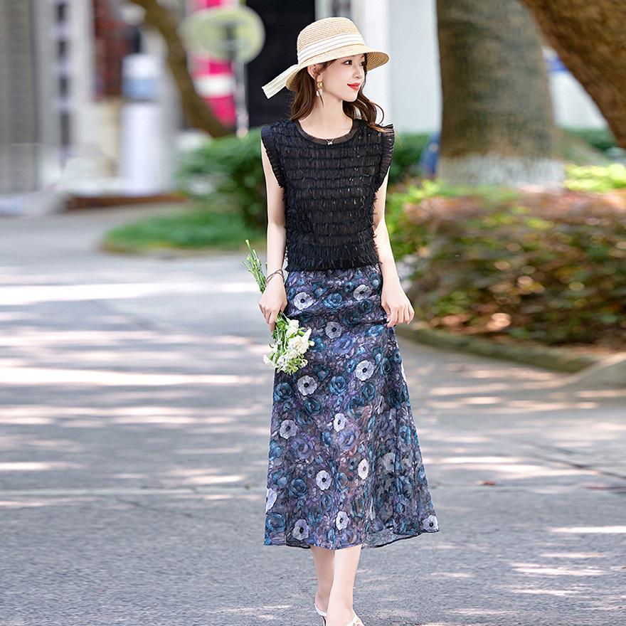 

Модный костюм юбка женский летний новый с бахромой топ без рукавов облегающая юбка с принтом комплект из двух предметов XL