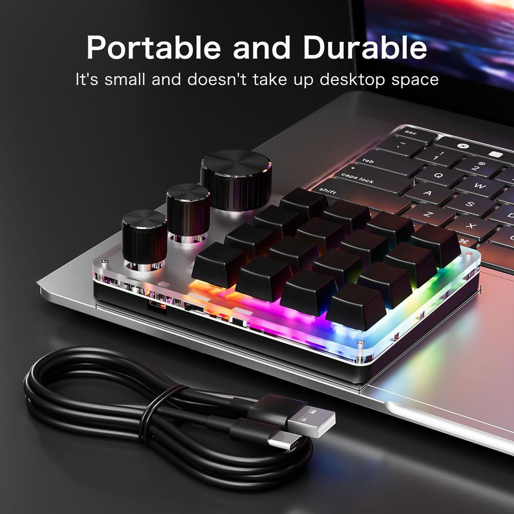 Programmable Ro Keyboard 16-Keys 3 Knob Gaming Keypad with USB Wired+ Mode Volume Controller