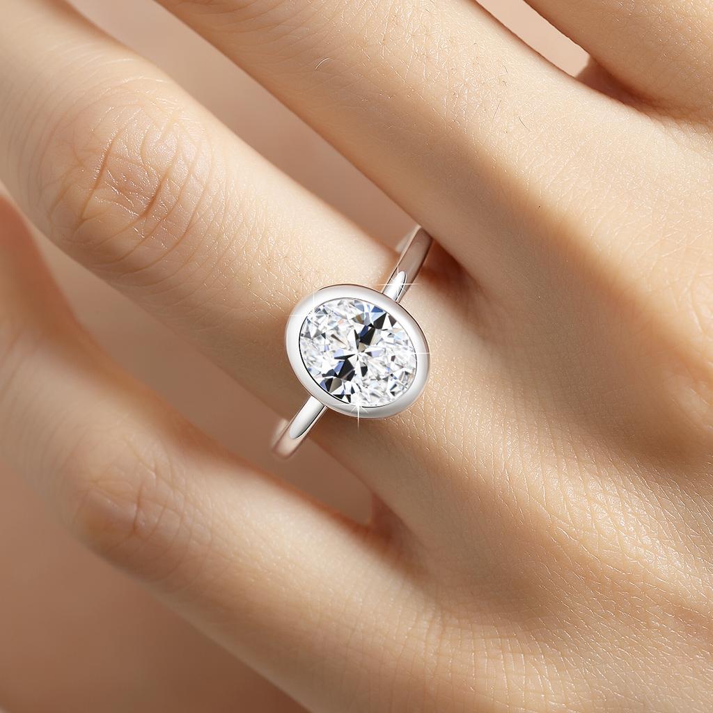 Oval Moissanite Rings for Women Solid Gold Palted Silver Bezel Set Wedding Band Engagement Christmas Gift Jewelry