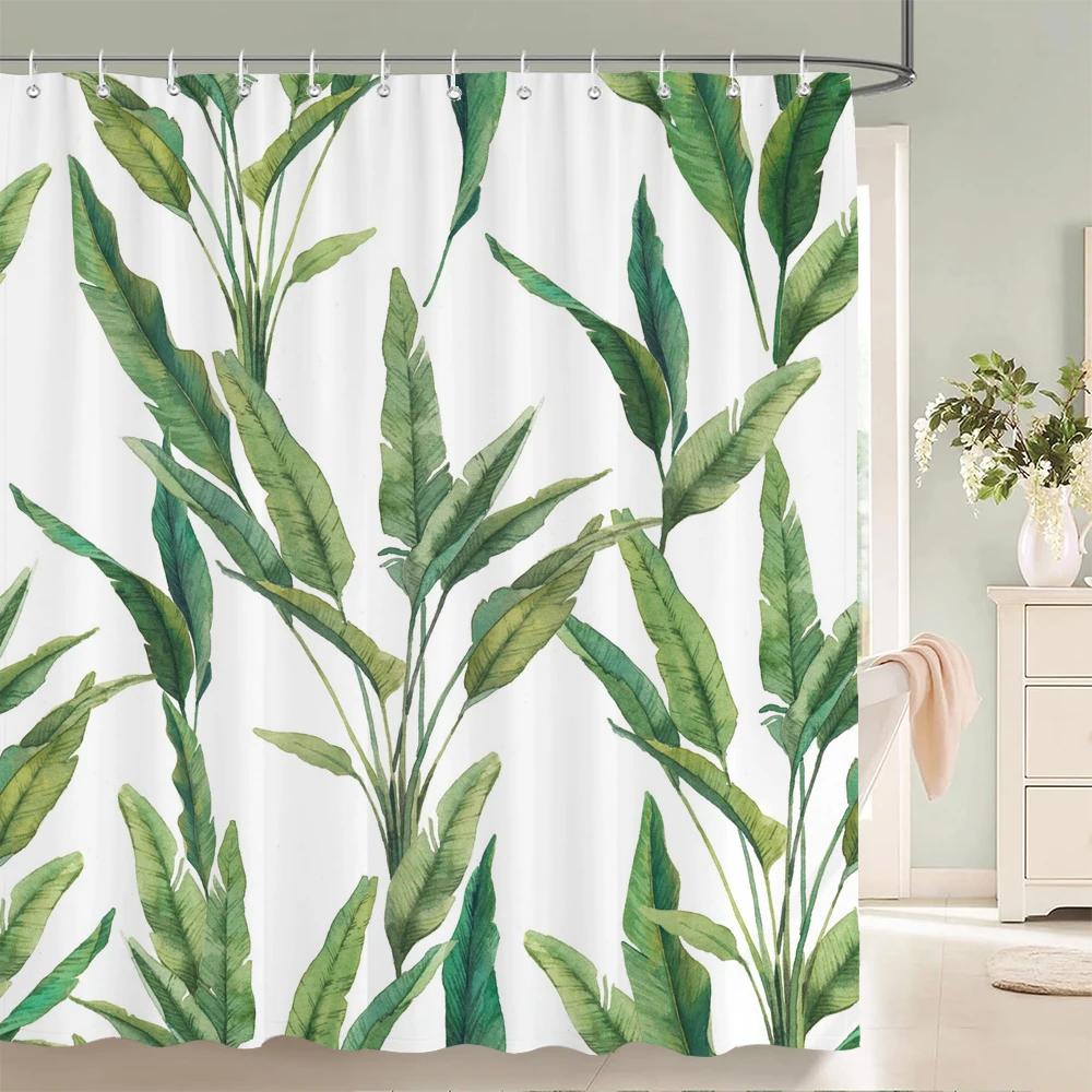 Green Plant Leaves Print Shower Curtains Watercolor Boho Floral Waterproof Morden Bathroom Bathtub Curtain Room Decor With Hooks