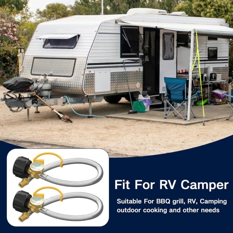 2pcs Stainless Steel Car Propanes Hoses with Integrated Pressure Meter for Accurate Gas Monitoring During Outdoor Use