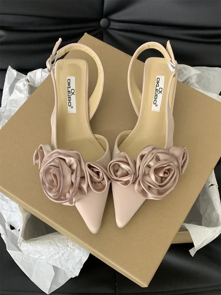 Fashion Elegant Woman Sandals High Heeled Sweet Rose Closed Toe Footwear 2024 Summer Slingback Pointed Fashion Dress Ladies Shoes