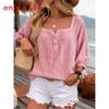 Camicia Casual in Lino da Donna con Maniche a Lanterna e Scollo Quadrato per le Vacanze Estive