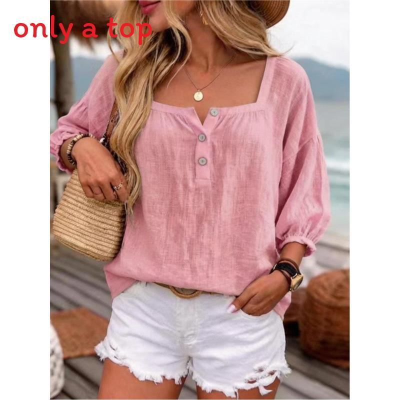 Camicia Casual in Lino da Donna con Maniche a Lanterna e Scollo Quadrato per le Vacanze Estive