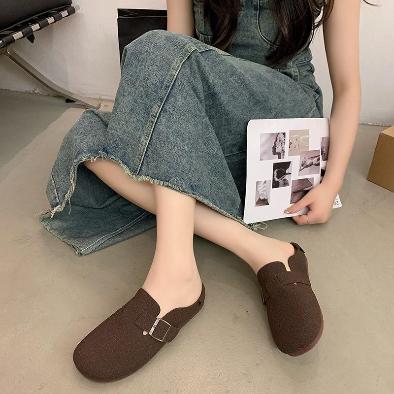 Retro buckle bag head half drag women wear spring new soft bottom lazy soft bottom flat bottom slippers women