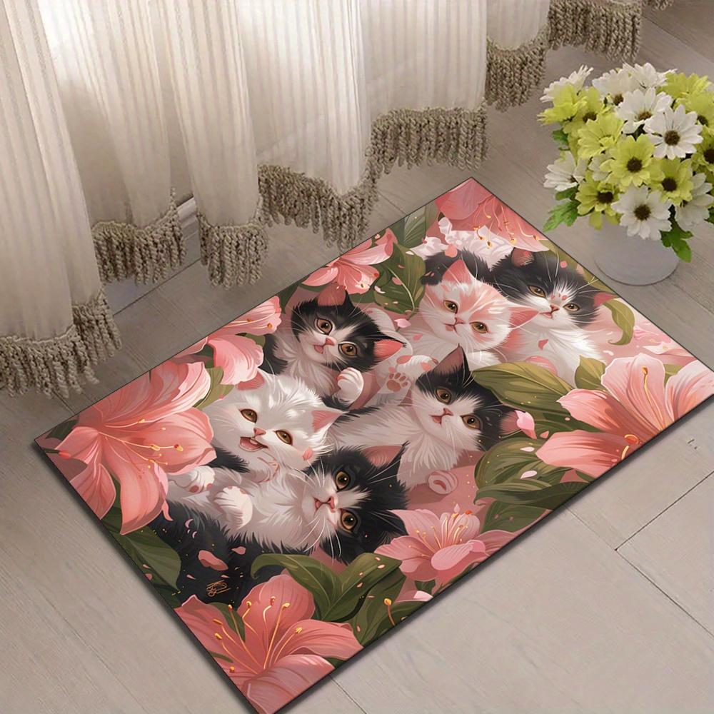 Large Cat-Themed Non-Slip Area Rug - Soft Crystal Velvet, Easy-Care Polyester Carpet with Adorable Kitten & Floral Design for Li