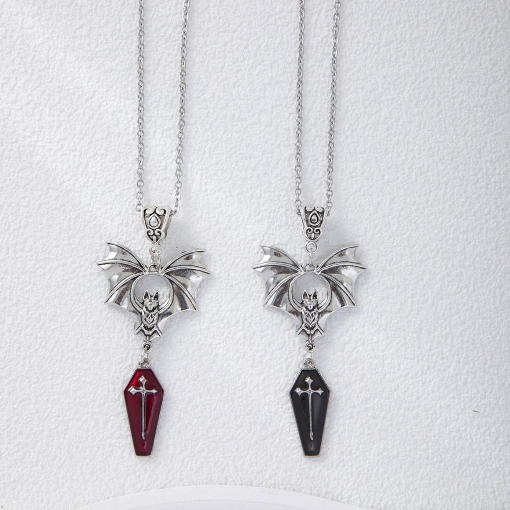 Exaggerated Gothic Sliver Color Vampire Bat Cross Red Coffin Pendant Necklace for Women Halloween Party Retro Punk Jewelry Gift