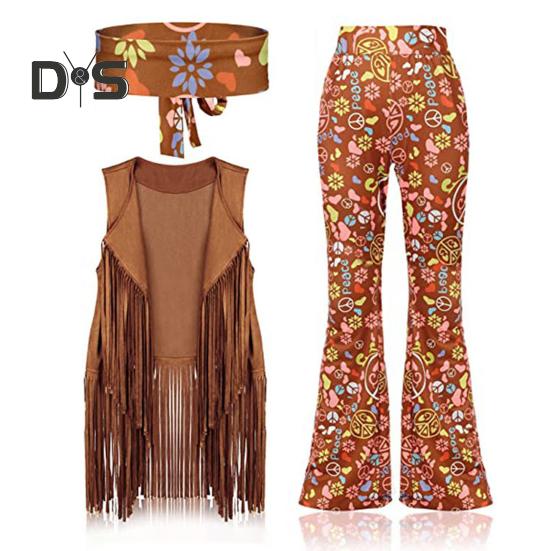 Kobiety kostium hipisowski stroje Retro rozkloszowane spodnie kamizelka z frędzlami zestaw opasek na Halloween Cosplay taniec w klubie nocnym