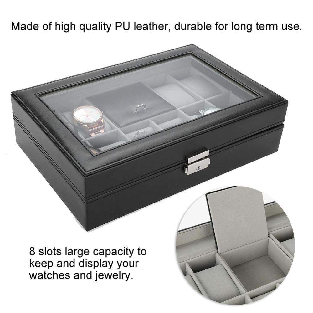 Secure Leather Watch Box Glass Window Key Lock Jewelry Box 8 Slots Gray Flannel Watch Case Personal Use