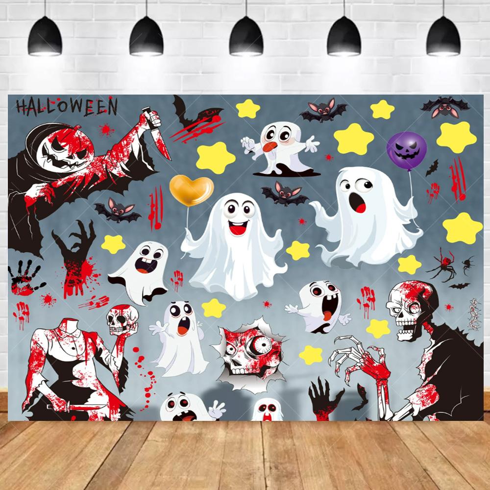1pc Cute Halloween Party Backdrop with Castle Ghost Skeleton Bats Joker Dustproof Banner for Halloween Themed Party Decoration