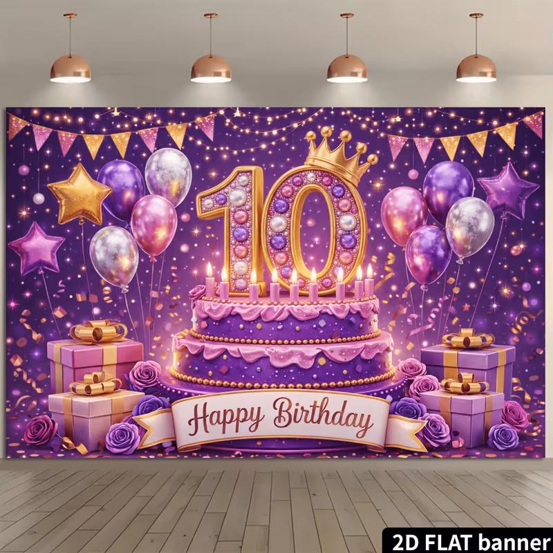 2D Purple and Gold Happy 10th Birthday Backdrop Photography Banner