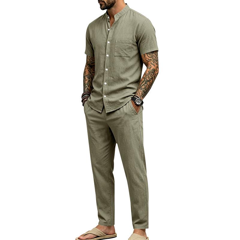 Men's Linen Short-Sleeve Henley Shirt & Long Pants Casual Sportswear Set