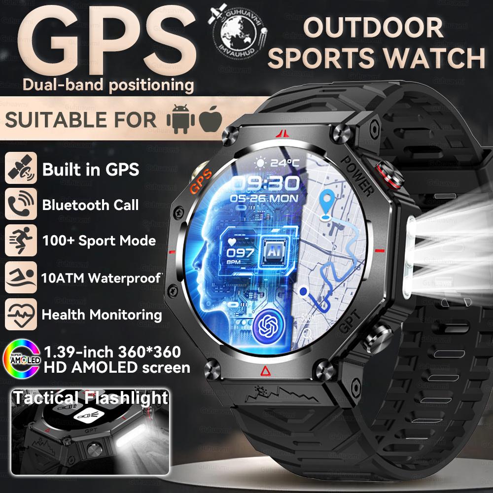 

New Bulit-in GPS Military Outdoor Smart Watch Men Flashlight Compass HD call Heart rate 10ATM Waterproof Sports Smart watch Dual Band GPS чорний