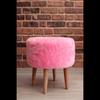 Round Pink Plush Wooden Leg Pouf Bench Stool