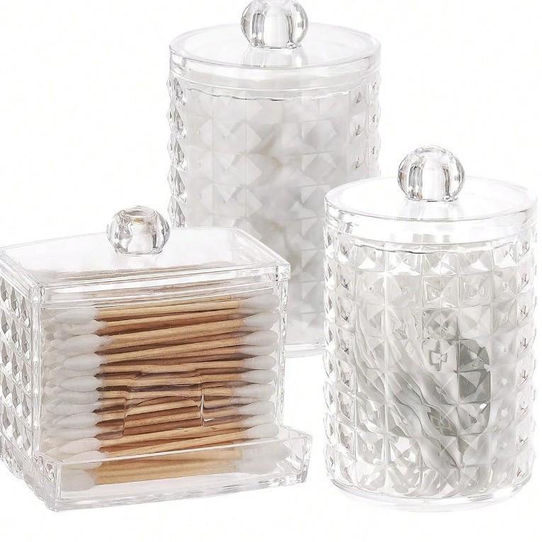 Bamboo Lid Cotton Swab & Makeup Remover Acrylic Storage Box: Includes Cotton Balls, Dental Floss, Round Box