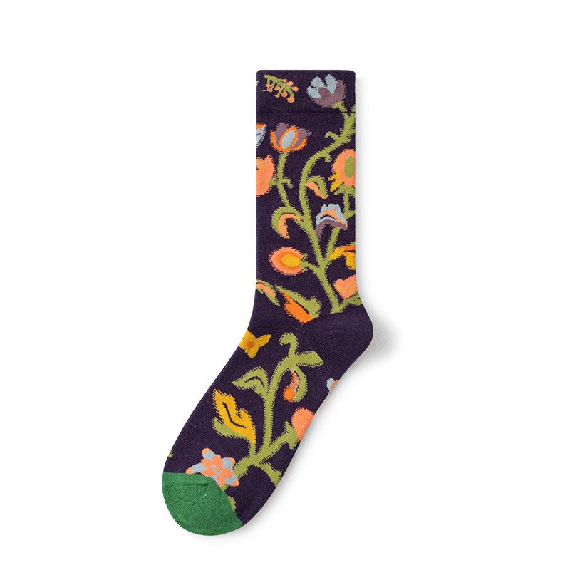 French Retro Abstract Oil Painting Mid-Calf Socks - Trendy Autumn/Winter High-Top Creative Combed Cotton for Women