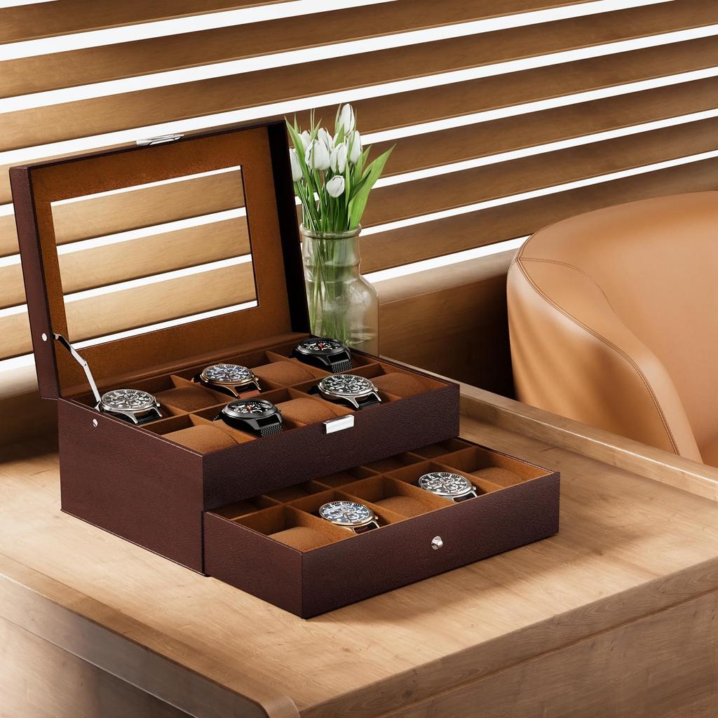 ProCase Herren Uhrenbox, Fassungsvermögen für 20 Uhren, Uhrenkoffer mit großer Kapazität, Vitrine, Organizer mit durchsichtigem Glasdeckel und Aufbewahrungsschublade