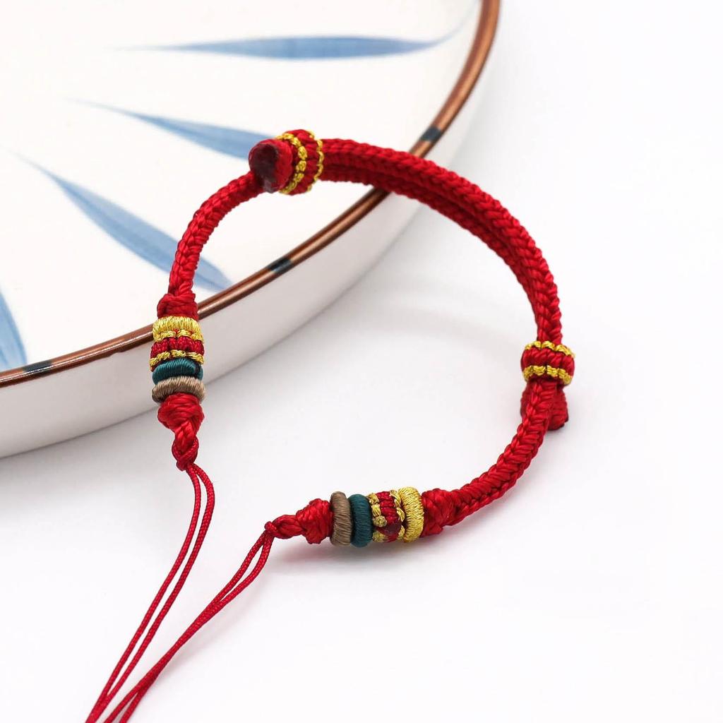 DIY Eight-Strand Knot Red Rope Bracelet - Threadable with Beads and Peace Buckle, National Style, Couple Design