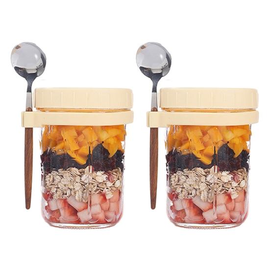 2 Pcs 350ML Oatmeal Cup Glass Overnight Oats Containers Airtight Breakfast Meal Prep Glass Container Yogurt Salad Cereal Jar with Lids and Spoons