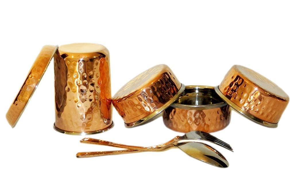 Copper Traditional Dinner Set of Plate, Bowls, Fork, Glass Spoon , Diameter 13 Inch Stainless Steel Copperware Thali (Set of 8 pieces)